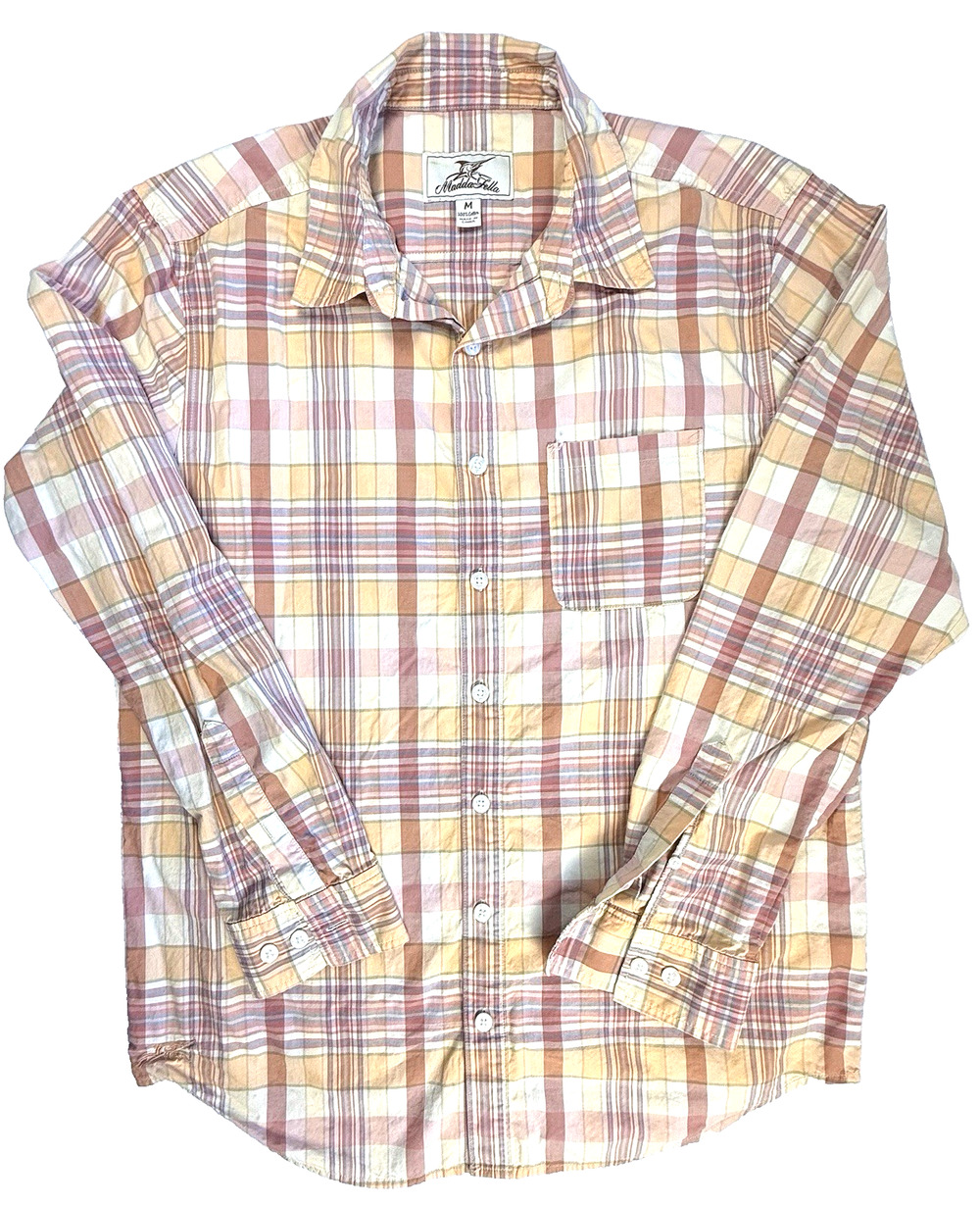 Madda Fella Key West Coastal Plaid Shirt Men's Medium Coral Tan Blue Resortwear
